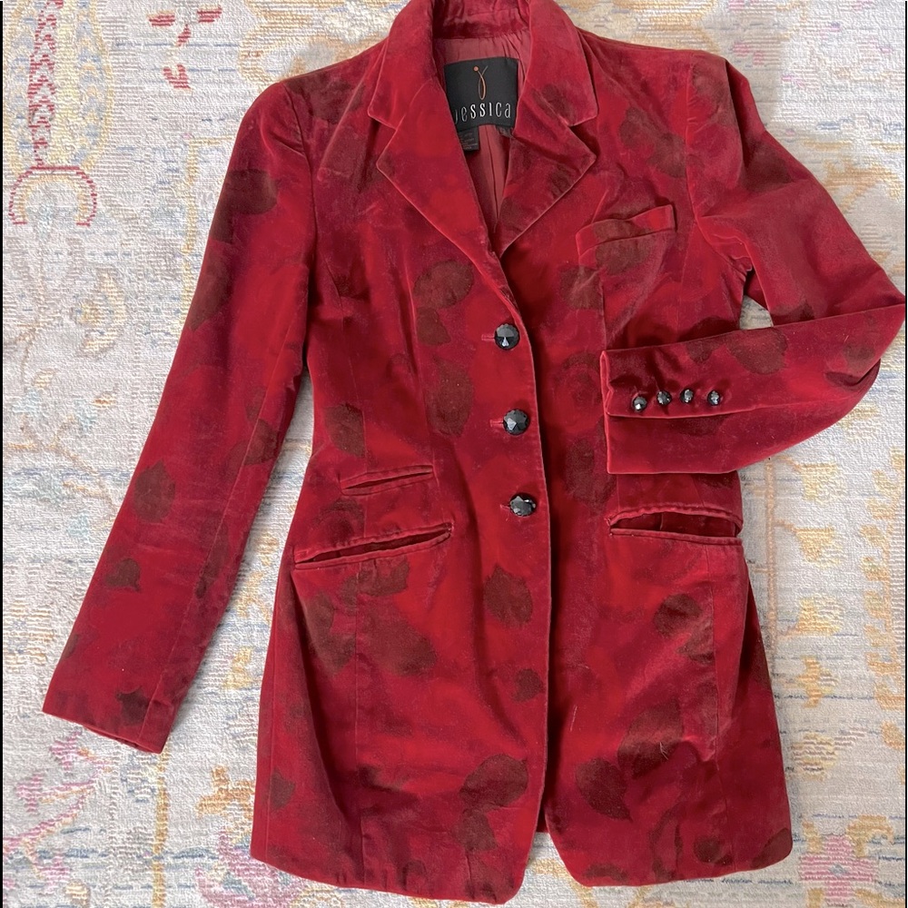Canadian brand Jessica. Red Velvet Blazer, Silk Lining. Size Small.